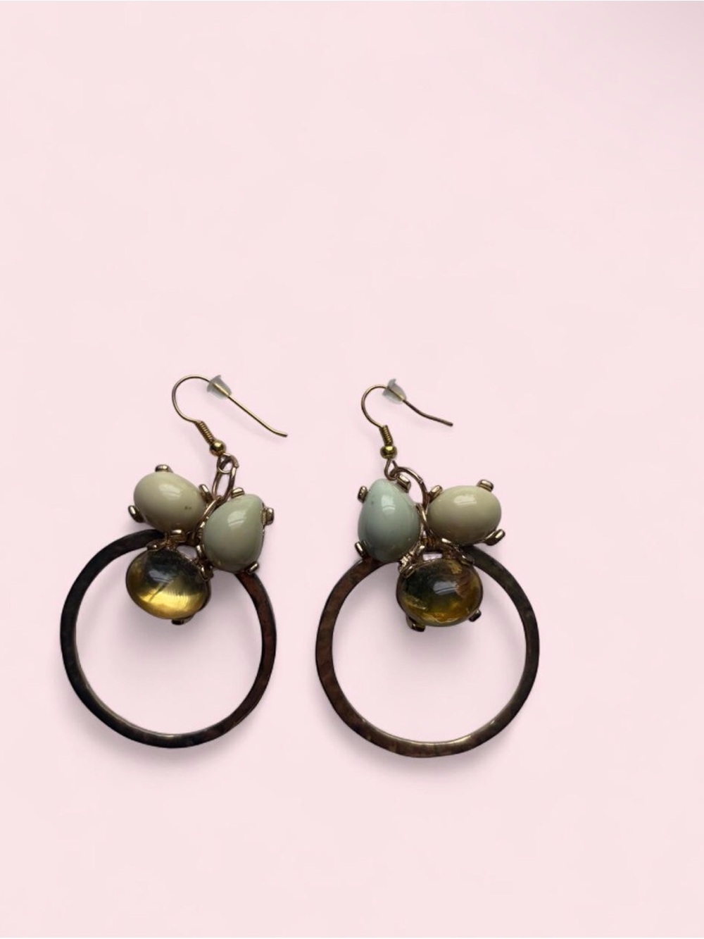 Vintage Bronze Hoop Dangle Earrings in Jade and Amber